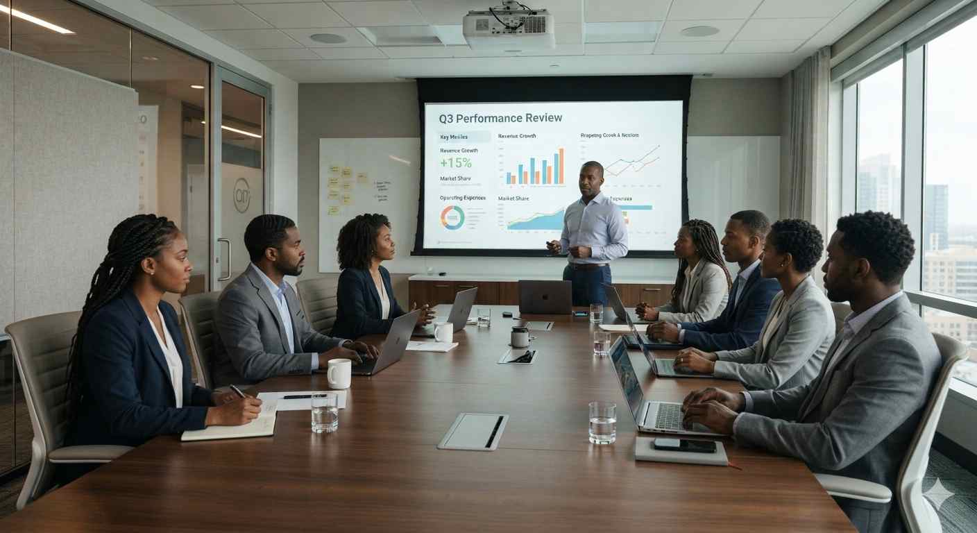 Corporate presentation of Business review using projector